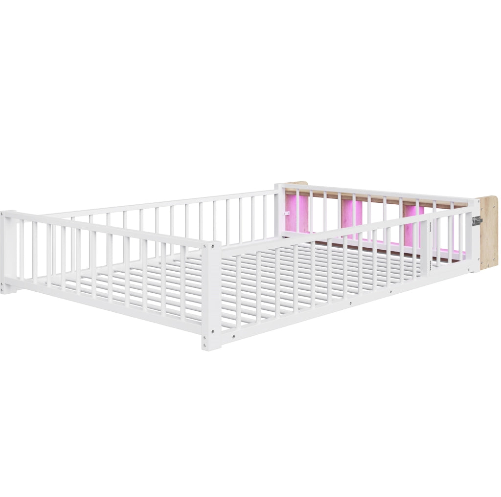 Letto basso per bambini 140x200 cm con barriera; vano aperto e LED; metallo e MDF; bianco