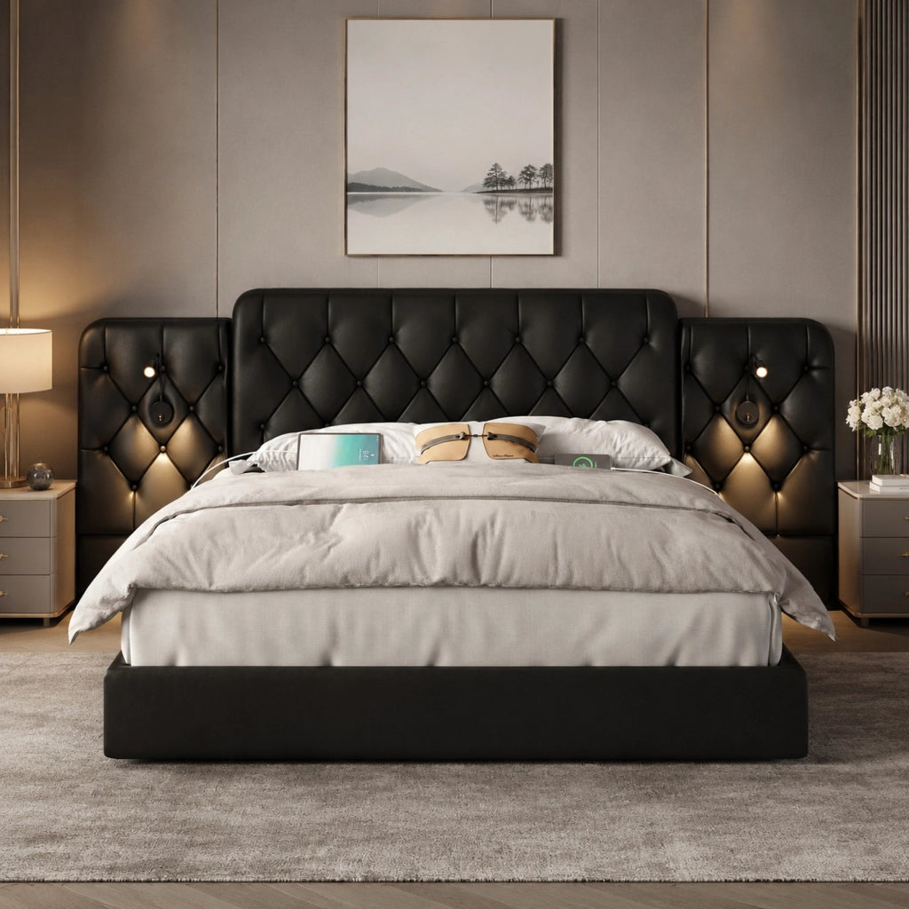 LETTO con testiera allungata 160x200 cm PU nero con luci da lettura e USB