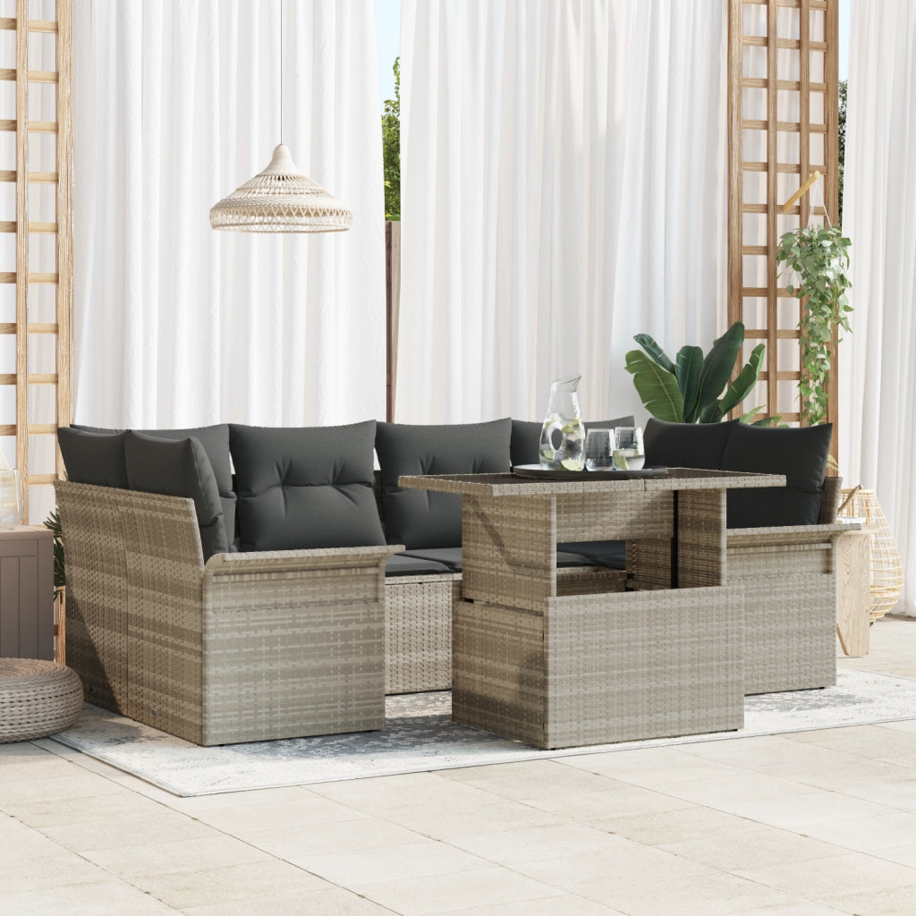 Set Divano da Giardino in 7 Pezzi con Cuscini Grigio Chiaro in Polirattan