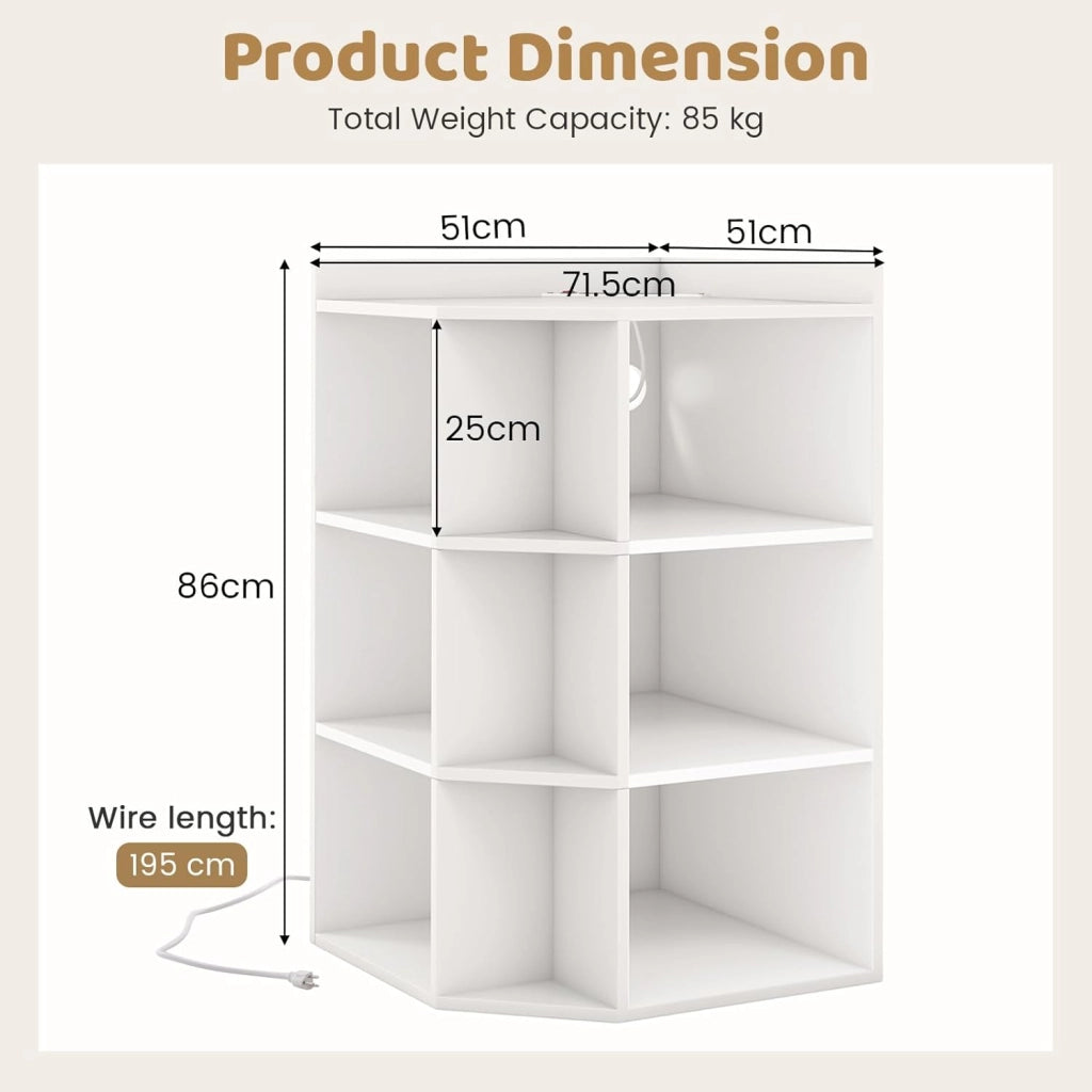 Libreria Angolare Triangolare con 3 Ripiani e 9 Vani Aperti, Presa di Ricarica Integrata, 51 x 71,5 x 86 cm, per Soggiorno e Studio (Bianco)