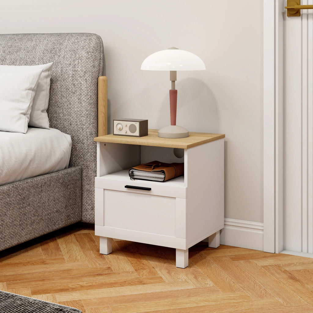 Comodino Moderno Minimal con Cassetto e Ripiano Aperto, in Legno, 45x38x50 cm, Bianco e color Legno