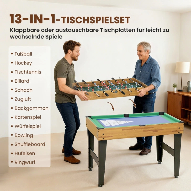 Tavolo da gioco 13 in 1: calcio balilla, scacchi, biliardo, ping-pong e altro ancora. Materiali: MDF, plastica, noce.