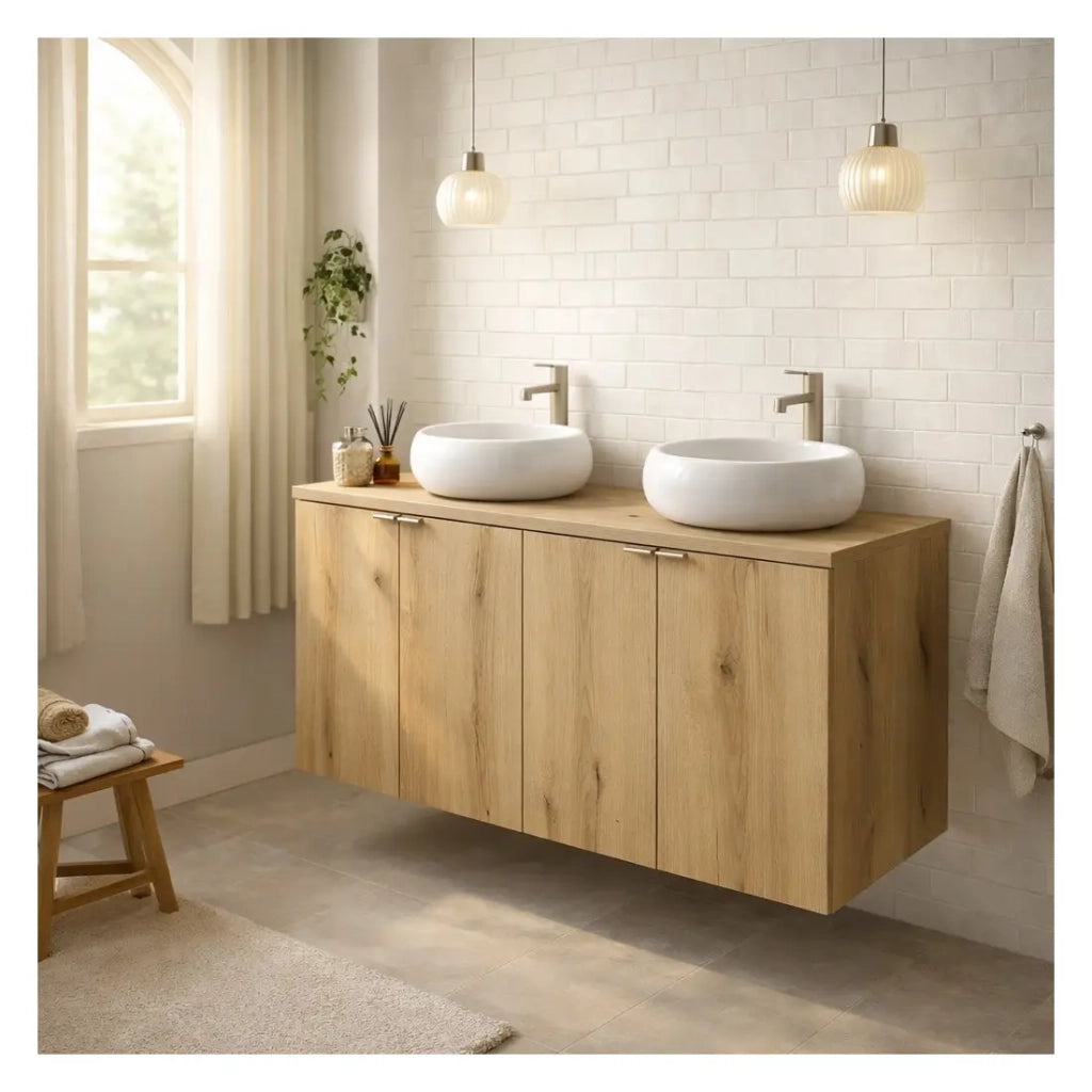 Set VANO effetto rovere 120cm: mobili sottolavabo con ante + piano per lavabo + lavabi da appoggio tondi bianchi