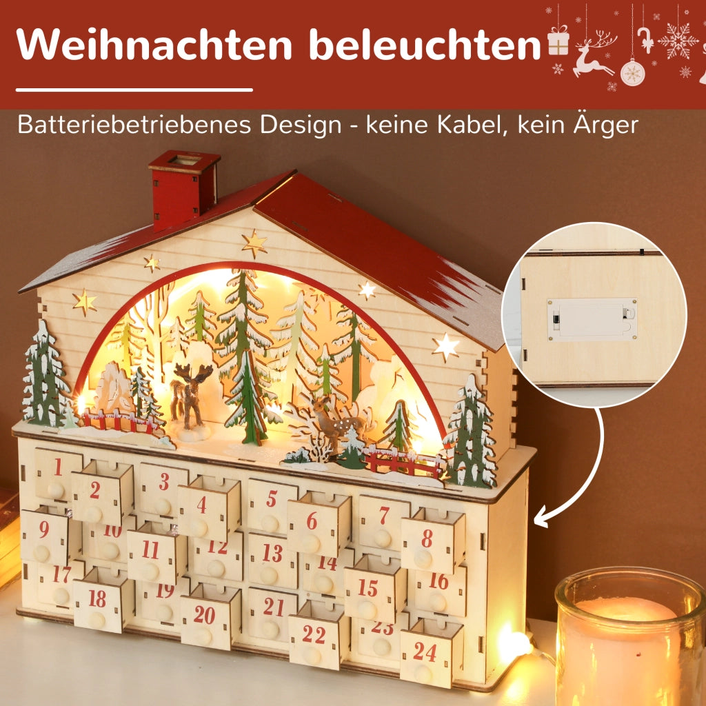 Calendario dell'Avvento in legno naturale con 24 cassetti e luci LED ¨C Xylo ¨C 36x10x34 cm