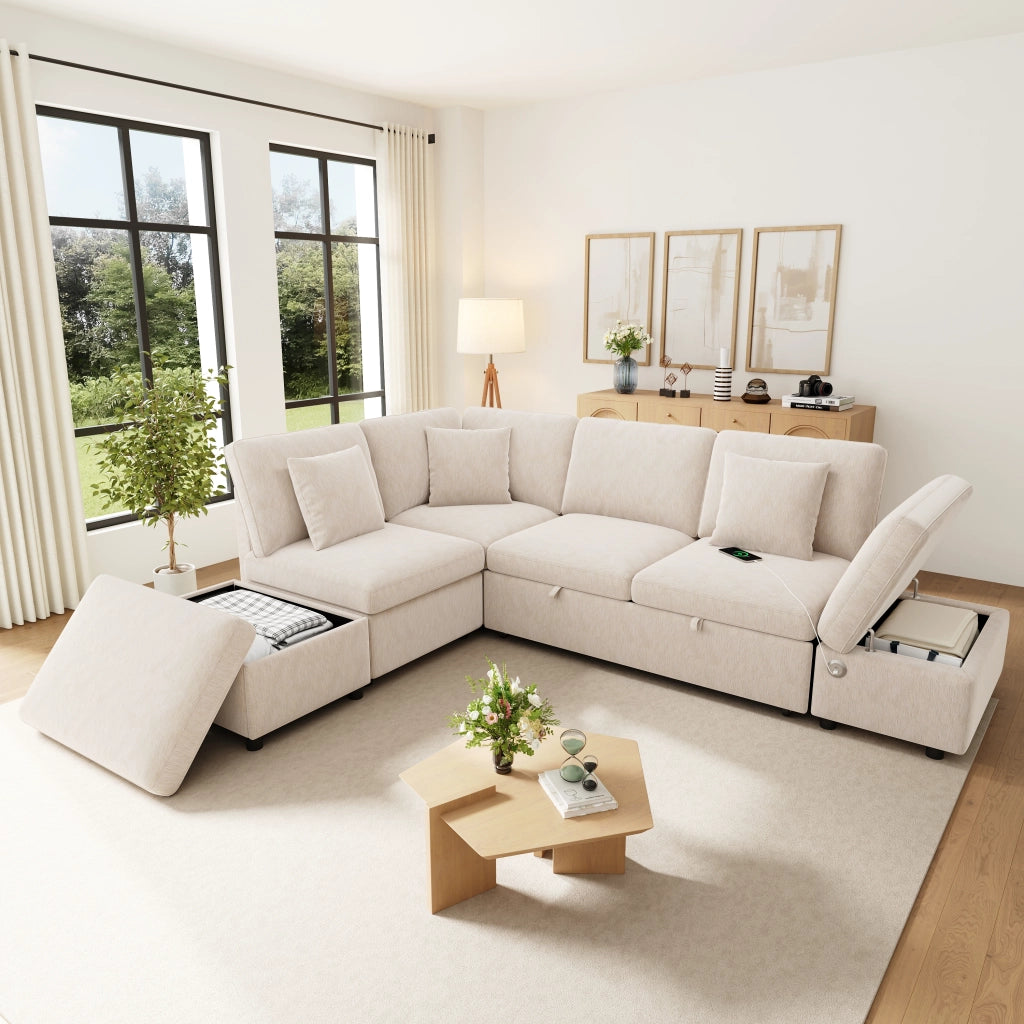 Divano angolare modulare con letto estraibile, poggiapiedi contenitore e porte USB e Type-C in ciniglia beige