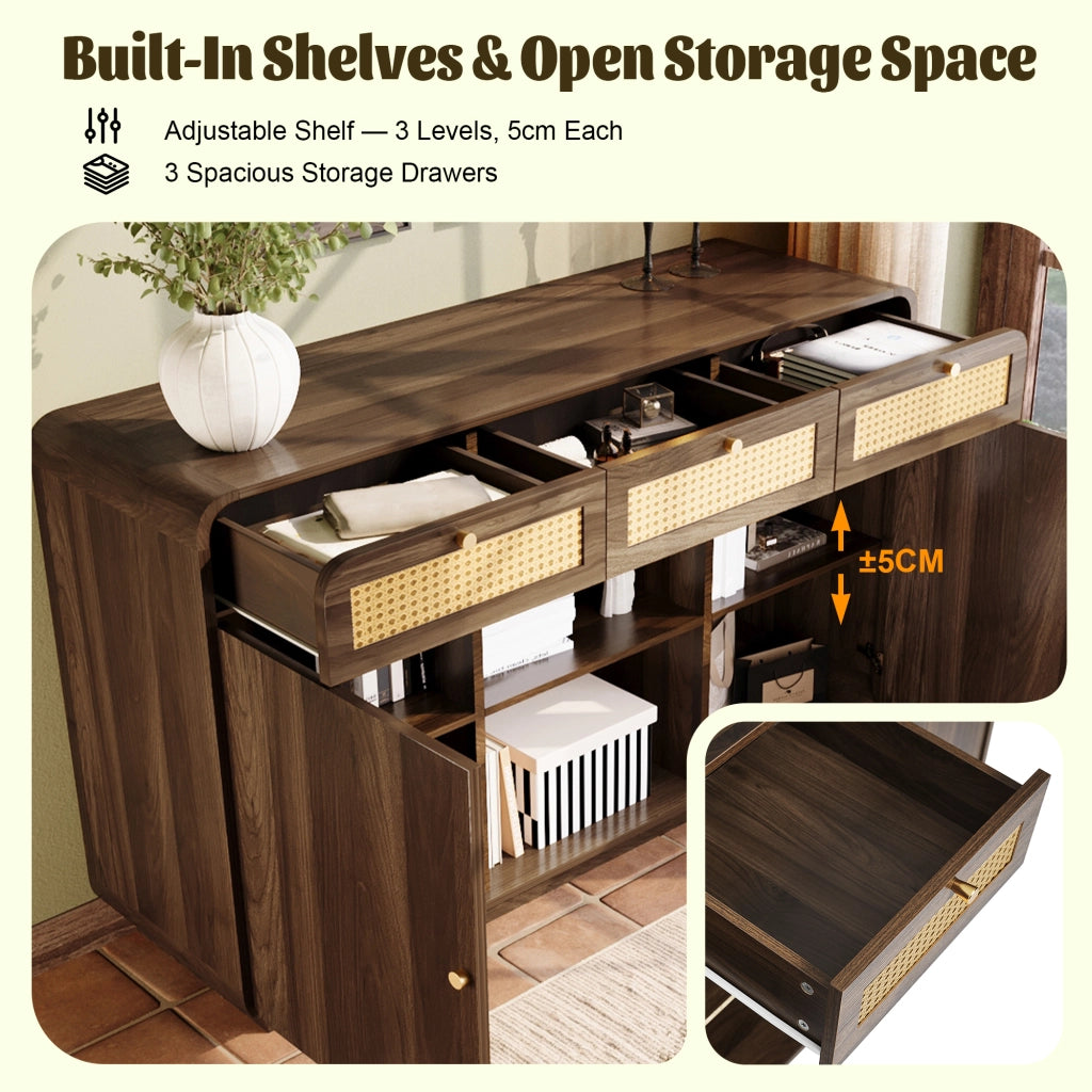 OKWISH Credenza con 3 Cassetti, 2 Ante e Ripiani Regolabili, Stile Retrò, per Soggiorno o Ingresso, 120 x 40 x 85 cm