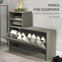Set Mobili da Ingresso con Appendiabiti, Specchio, Panca con Scaffale e Scarpiera per 8 Paia di Scarpe, Grigio