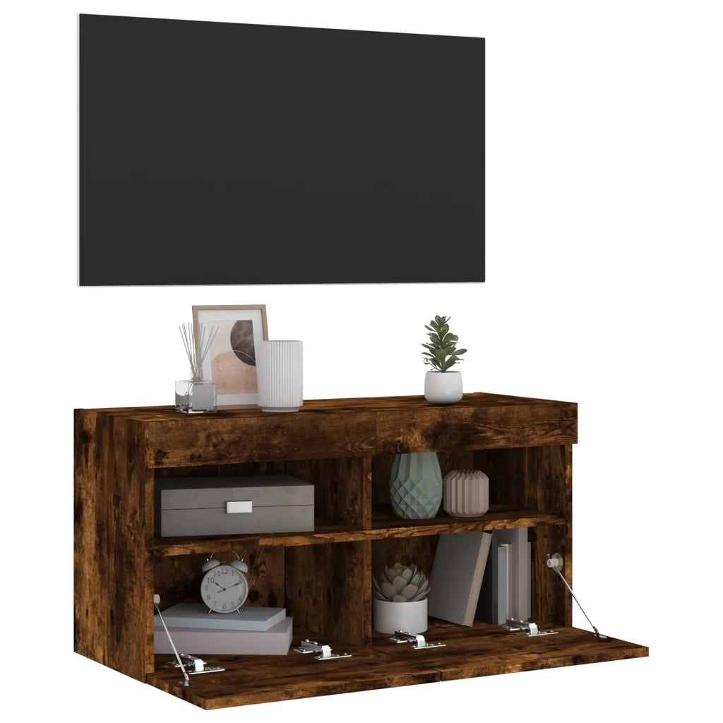 Mobile TV a Parete con Luci LED Rovere Fumo 80x30x40 cm 837205