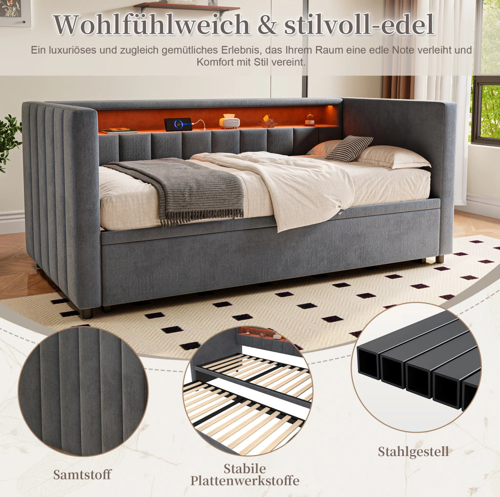 Divano letto estraibile 90x190 cm in velluto grigio scuro con LED; USB Type-C e contenitore