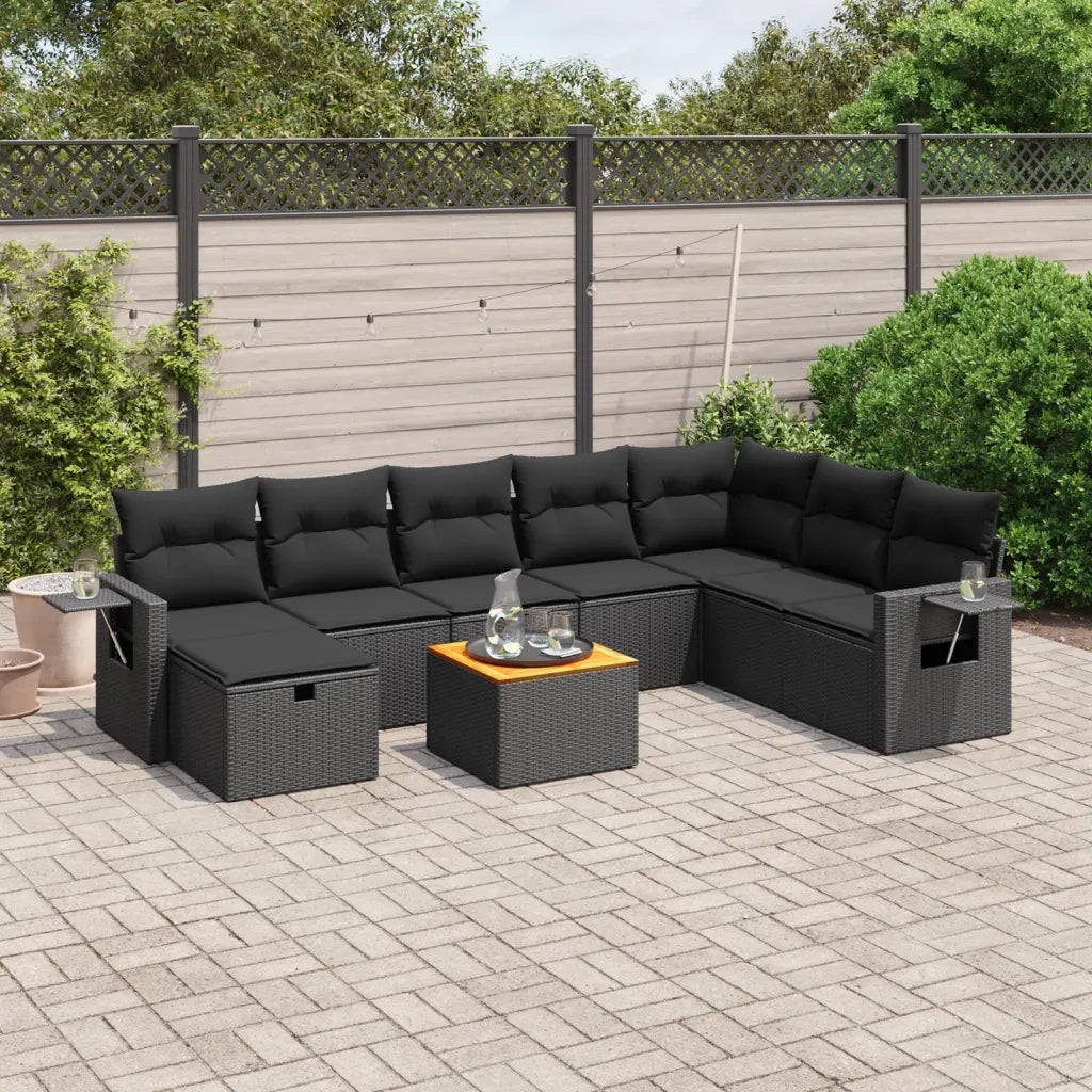 vidaXL Set Divani da Giardino 9 pz con Cuscini Nero in Polyrattan