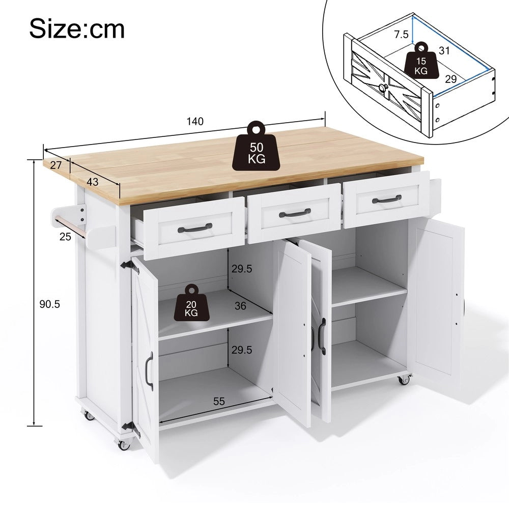 Isola Cucina con Piano Ribaltabile e Ruote ¨C Xylo ¨C Bianco, 4 Ante, 3 Cassetti, 140x43x90.5 cm