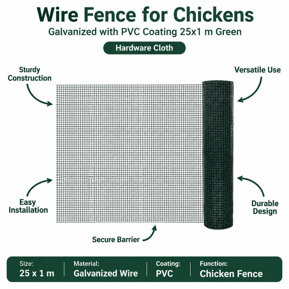 Wire Fence For Chickens, Galvanized With PVC Coating, 25x1 M, Green