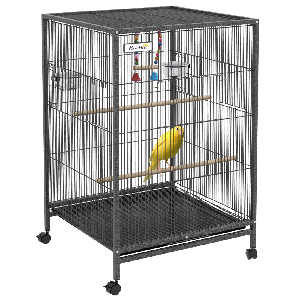 EasyComfort Gabbia per Uccelli in Acciaio e PP con 5 Porte, 2 Posatoi e Vassoio Estraibile, 48x46x74 cm, Grigio