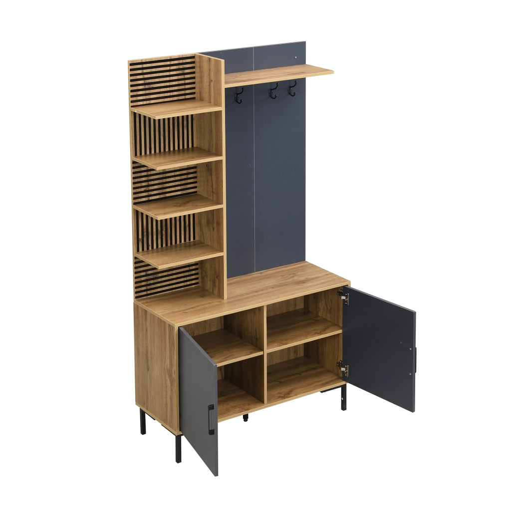 Mobile da ingresso con appendiabiti, 4 ripiani e mensola regolabile, in truciolare, legno e nero, 100 × 40 × 190.5 cm