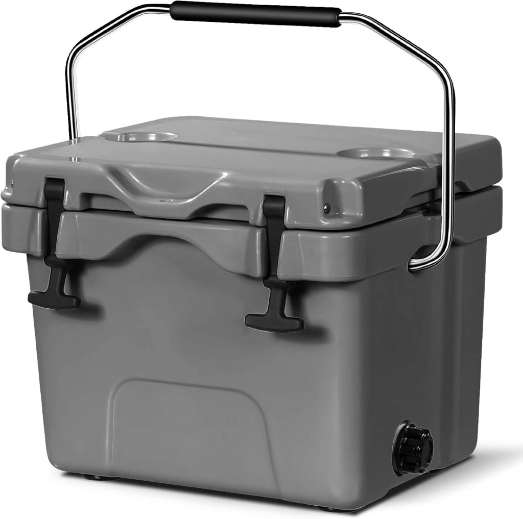 Contenitore per Ghiaccio da 15 L, Contenitore Termico con Maniglia 2 Porta Bicchieri, Contenitore Termico del Ghiaccio Portatile per Campeggio（Grigio)