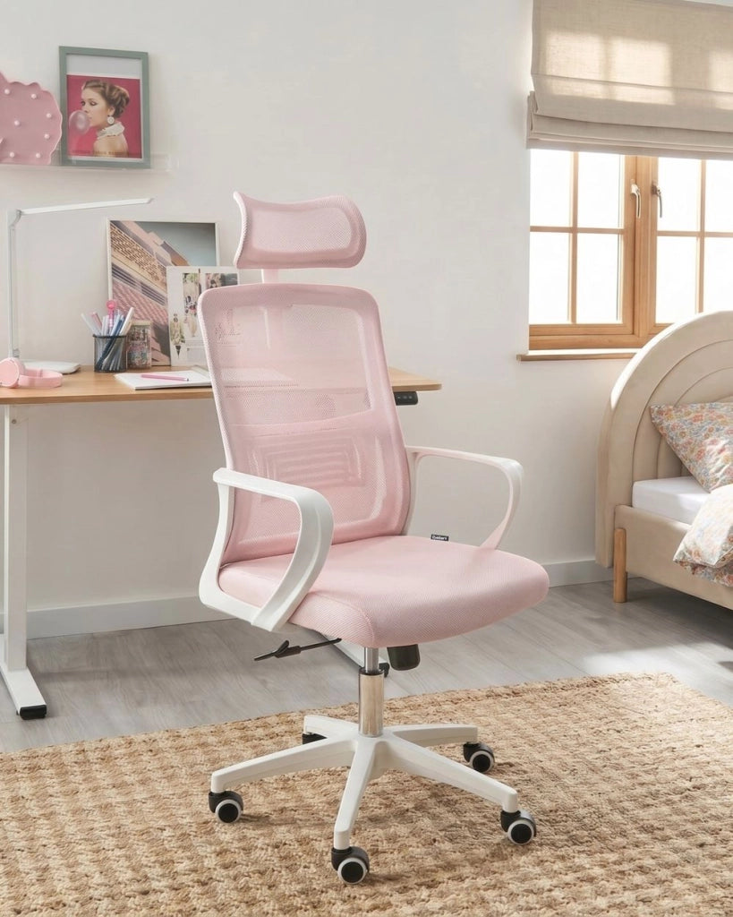 Sedia da ufficio con base girevole e poggiatesta regolabile in altezza con rete Home Office Rosa pastello stile moderno