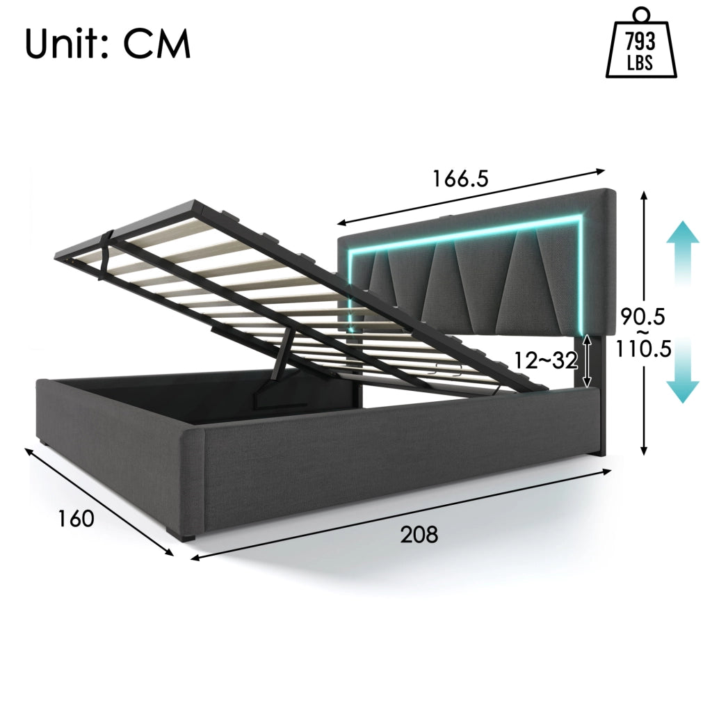 Letto matrimoniale imbottito 160x200 cm con LED; USB e Type-C; contenitore; grigio