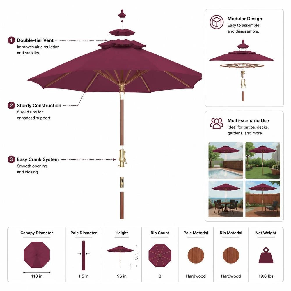 Parasol With Wooden Pole 300 Cm Bordeaux Red