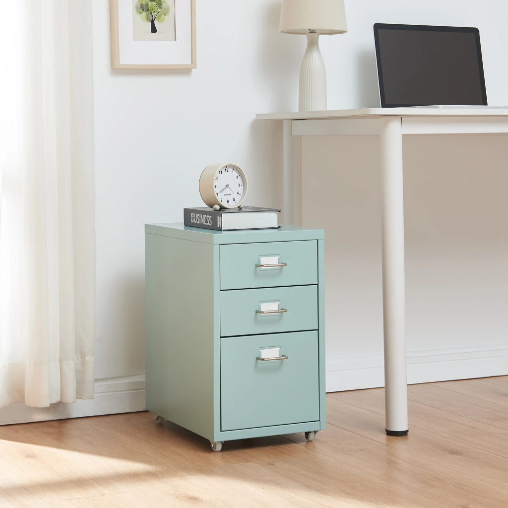 Cassettiera Kökar in Acciaio Mobile Archivio con 3 Cassetti e Rotelle - Menta Verde [en.casa]