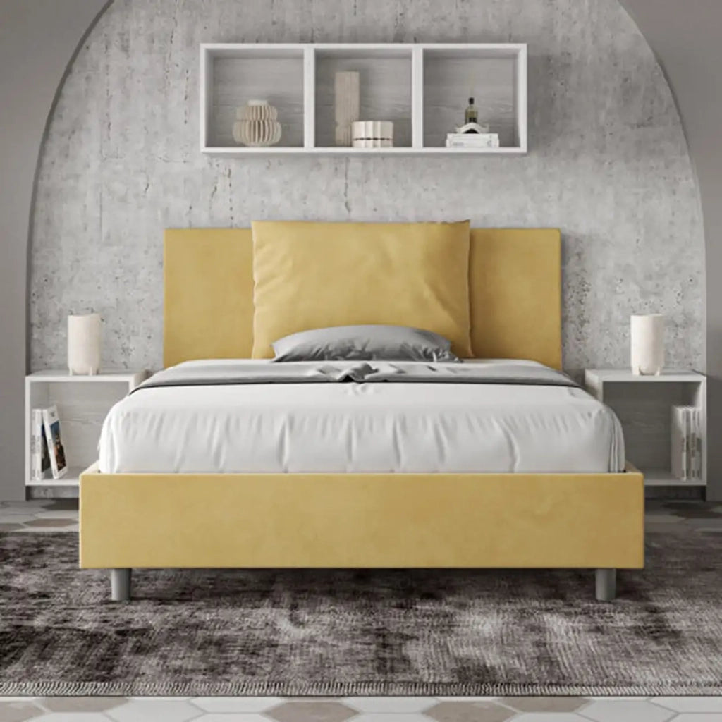 Letto matrimoniale francese senza rete imbottito 140x200 microfibra ocra Antea