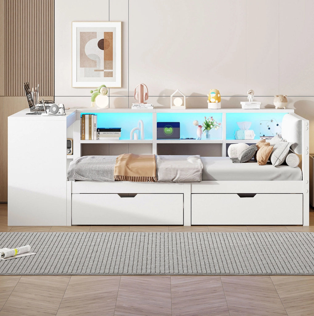 Letto a piattaforma 90x200 cm con testiera imbottita; vani contenitore; cassetti; LED e ricarica; bianco