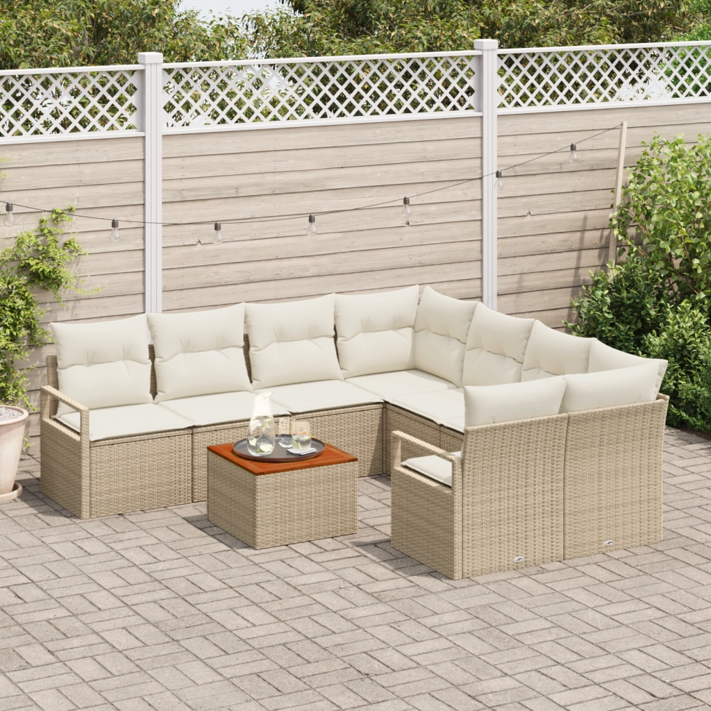 Set di divani da giardino in 9 pezzi con cuscini Beige Poly Rattan Acacia