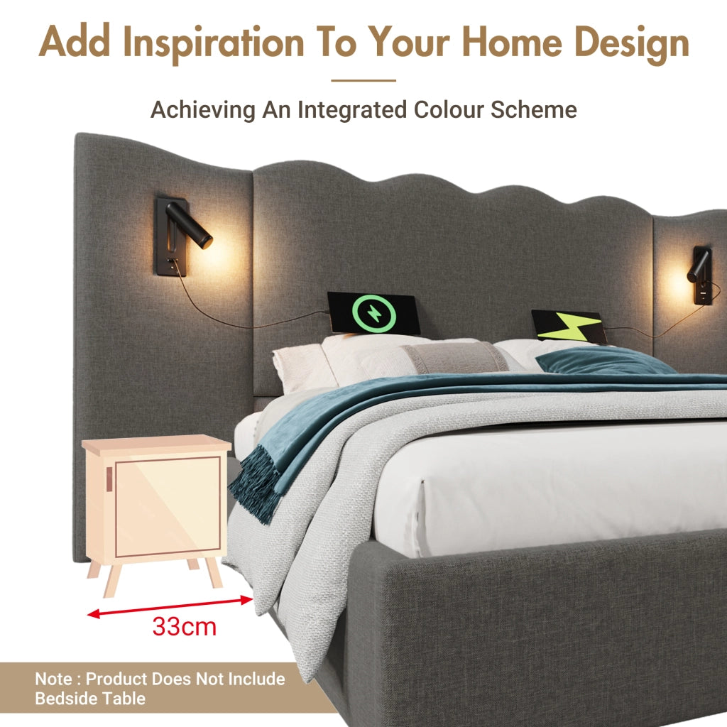 Letto Contenitore Matrimoniale 160x200 cm; USB; Type-C e Lampada da Lettura in Lino Grigio