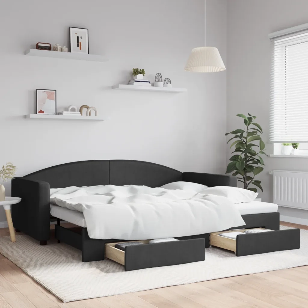 Divano Letto Estraibile con Cassetti-Sofa Letto-Daybed Nero 90x200 cm in Tessuto 533050