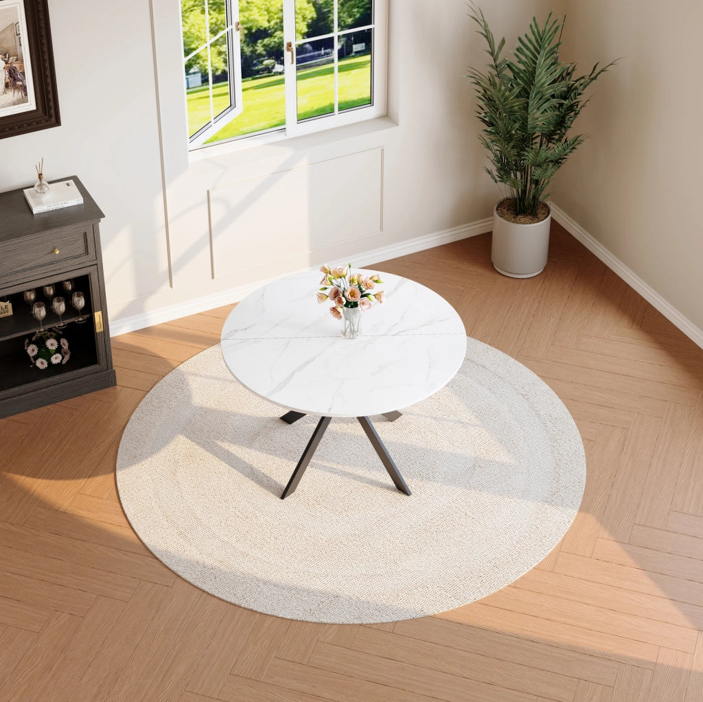 Tavolo da pranzo rotondo 110 cm in MDF effetto marmo bianco con gambe nere in metallo