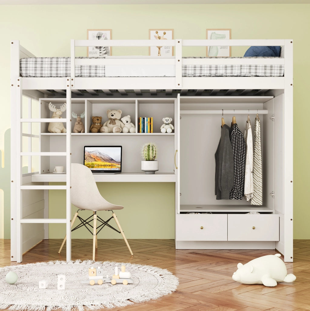 Letto a soppalco 90x200 cm con scrivania; armadio e cassetti in pino; MDF; bianco