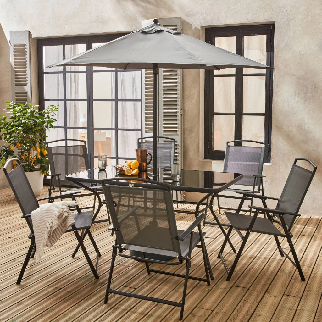 Set tavolo da giardino in acciaio con 6 poltrone e 1 ombrellone,