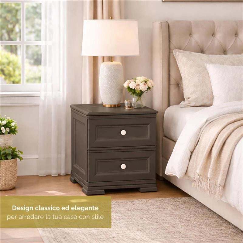 COMODINO 2 CASSETTI WENGÉ 40X43X46 CM – MOBILE COMPATTO SALVASPAZIO PER CAMERA DA LETTO E ZONA LIVING