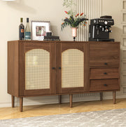 Credenza 130x75.5x40 cm con ante effetto rattan e ripiani regolabili; pannello truciolare