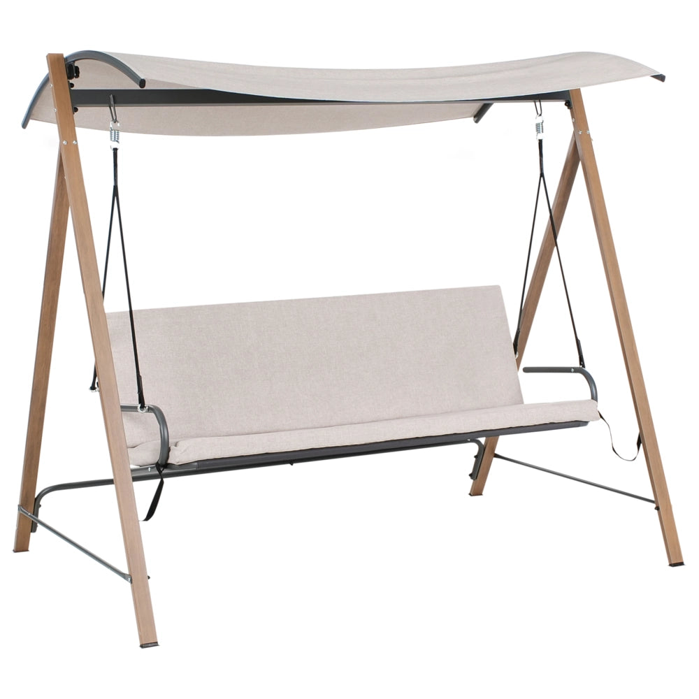 Dondolo da giardino in tessuto beige con struttura in acciaio a 3 posti