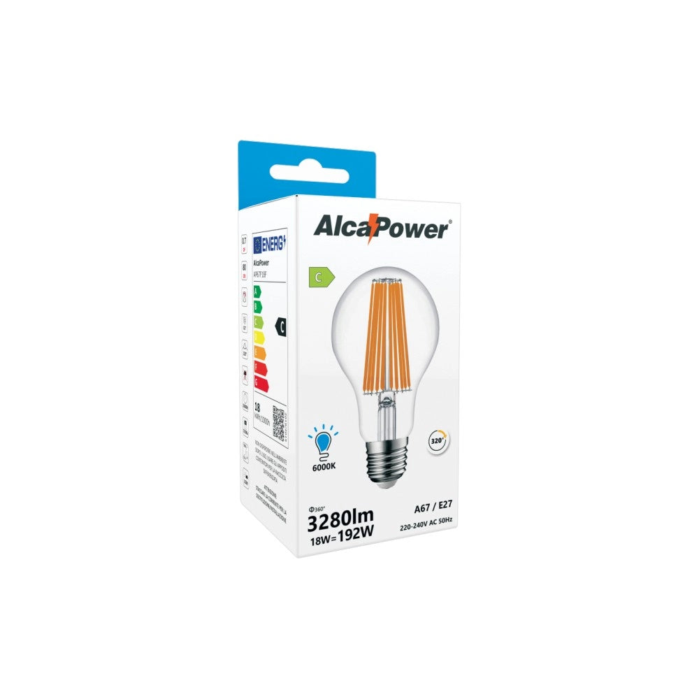 Alcapower - Lampadina LED E27 A67 18W 3280lm, Angolo 320°, Classe Energetica C, Ø67mm, Luce Istantanea, Lunga Durata - 6000K