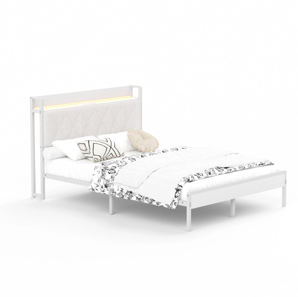 Letto matrimoniale 140x190 cm con testiera LED e porta USB, bianco
