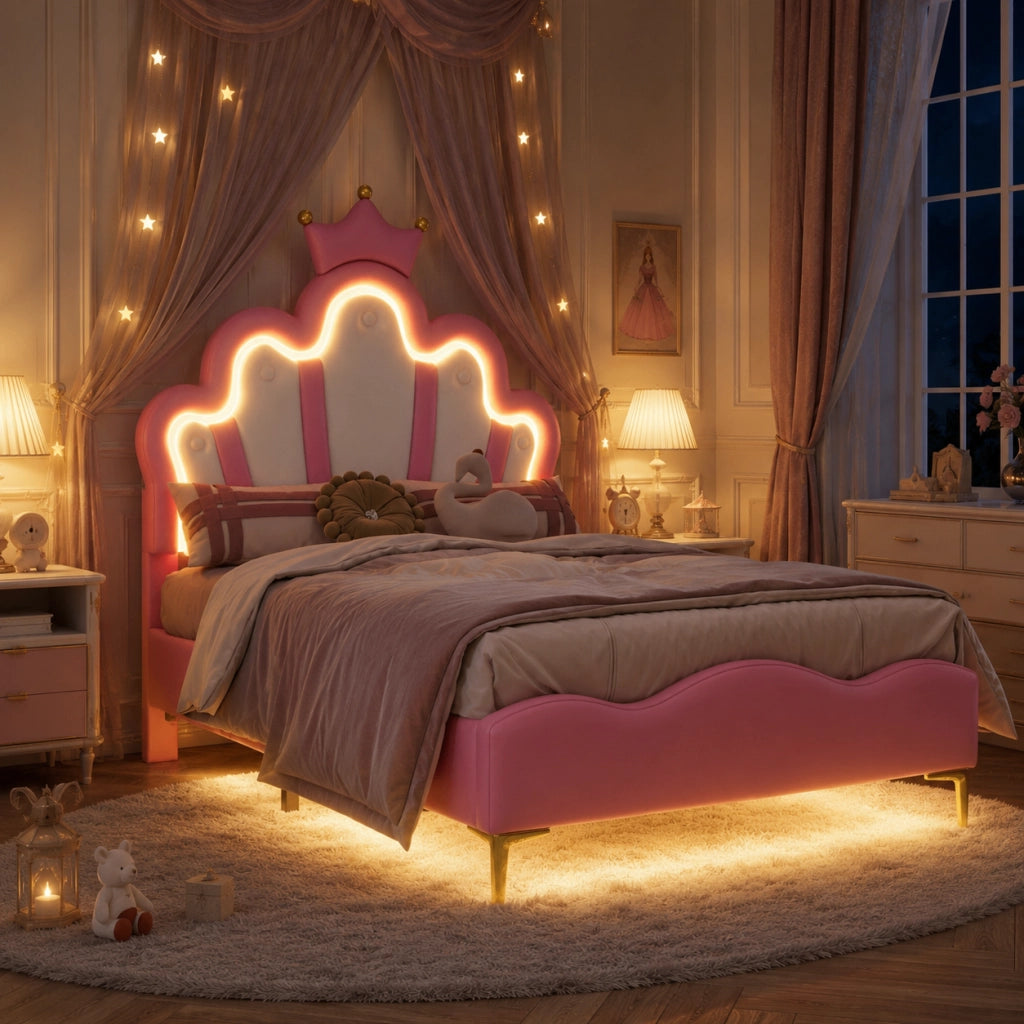 Letto singolo per bambina 90x200 cm ecopelle rosa, testiera a corona con luci LED, illuminazione sotto il letto, gambe dorate, telaio robusto