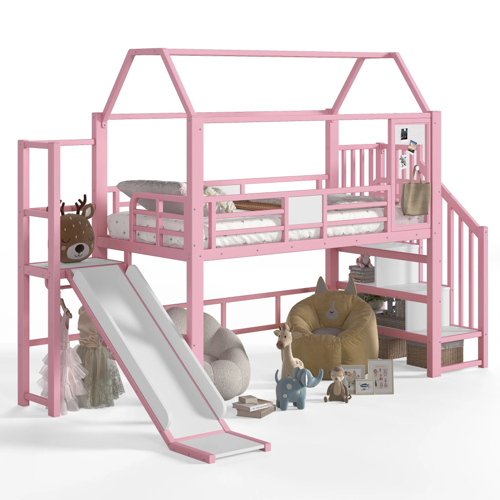 Letto a soppalco per bambini rosa a casetta con scivolo; LED Bluetooth; 90 x 200 cm