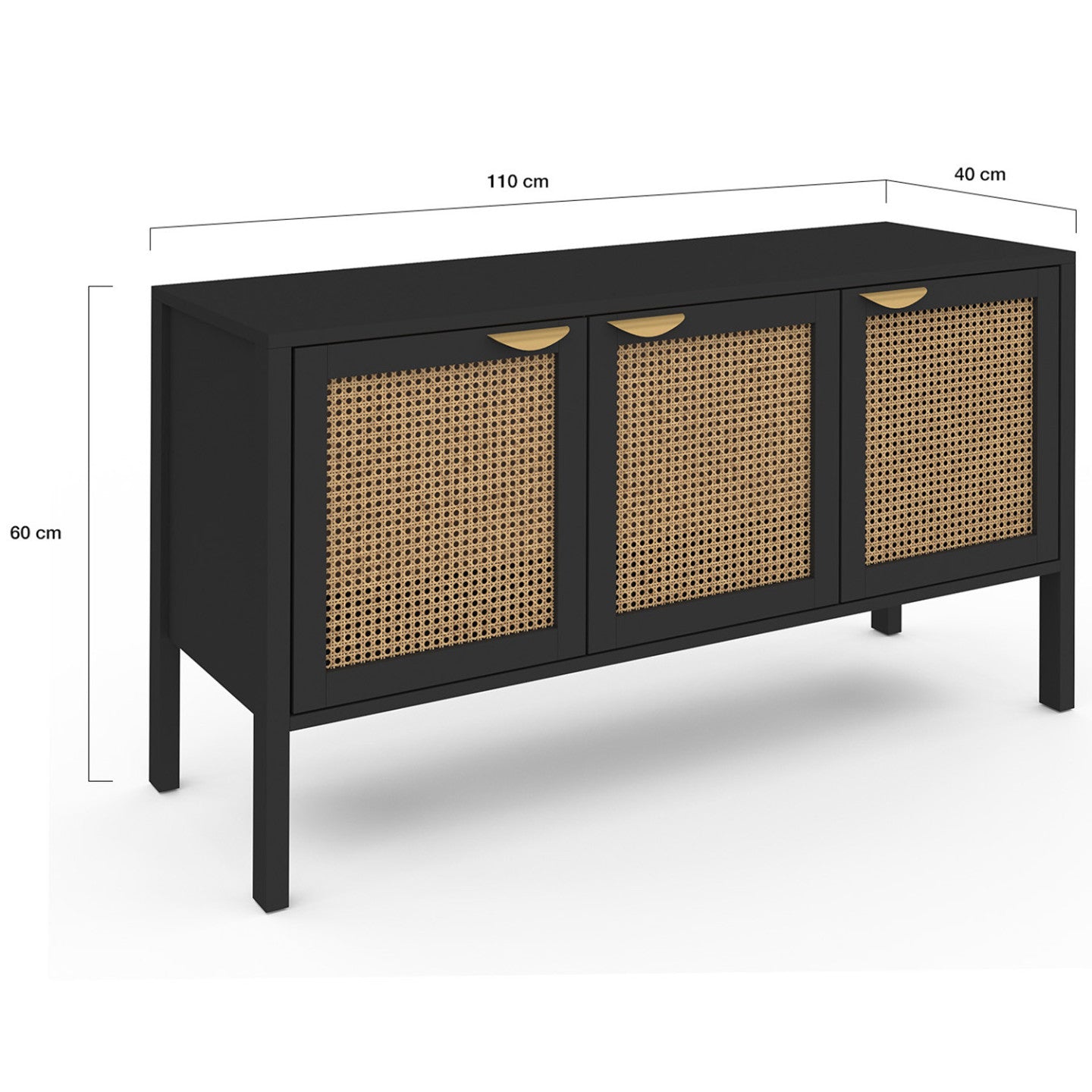 IDMarket - EDHEN 110 cm Credenza bassa a 3 ante in legno nero e canna da zucchero