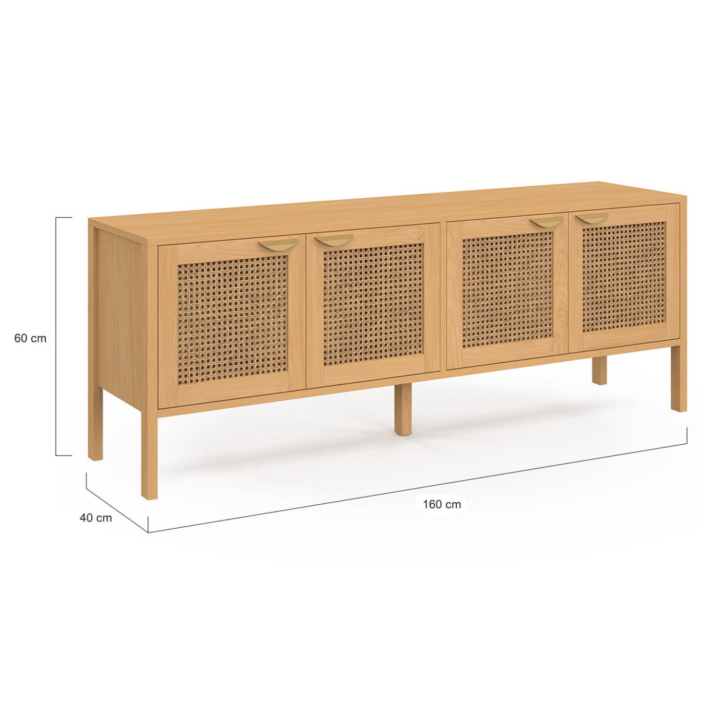 IDMarket - EDHEN 160 cm Credenza bassa a 4 ante in legno e vimini
