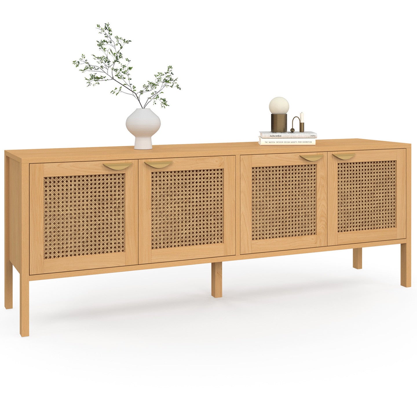 IDMarket - EDHEN 160 cm Credenza bassa a 4 ante in legno e vimini