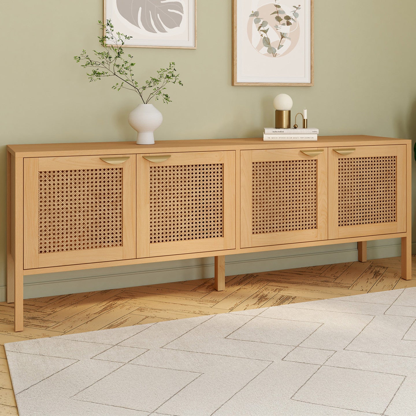 IDMarket - EDHEN 160 cm Credenza bassa a 4 ante in legno e vimini