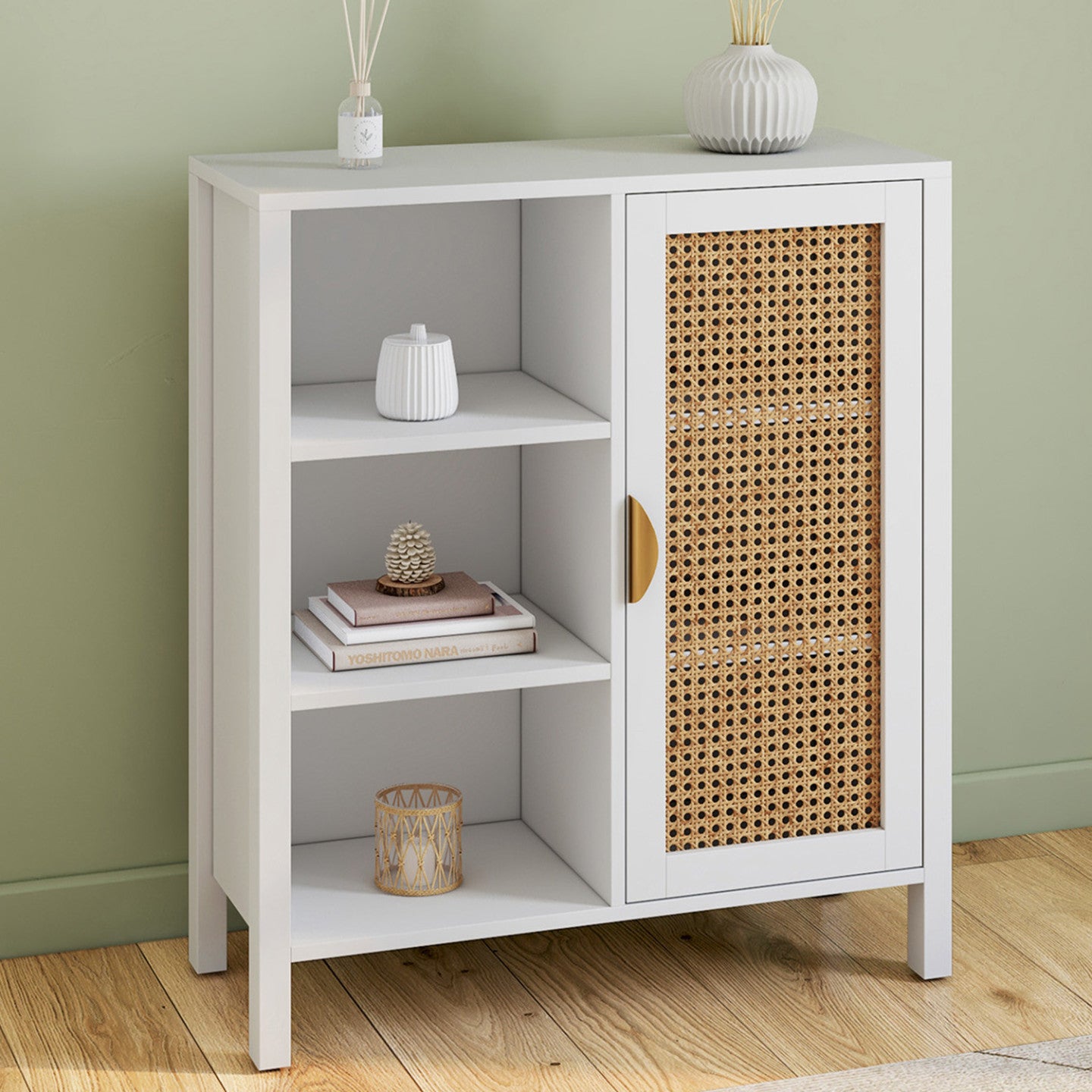 IDMarket - EDHEN credenza e armadietto bianco a 3 ripiani da 70 cm con teca