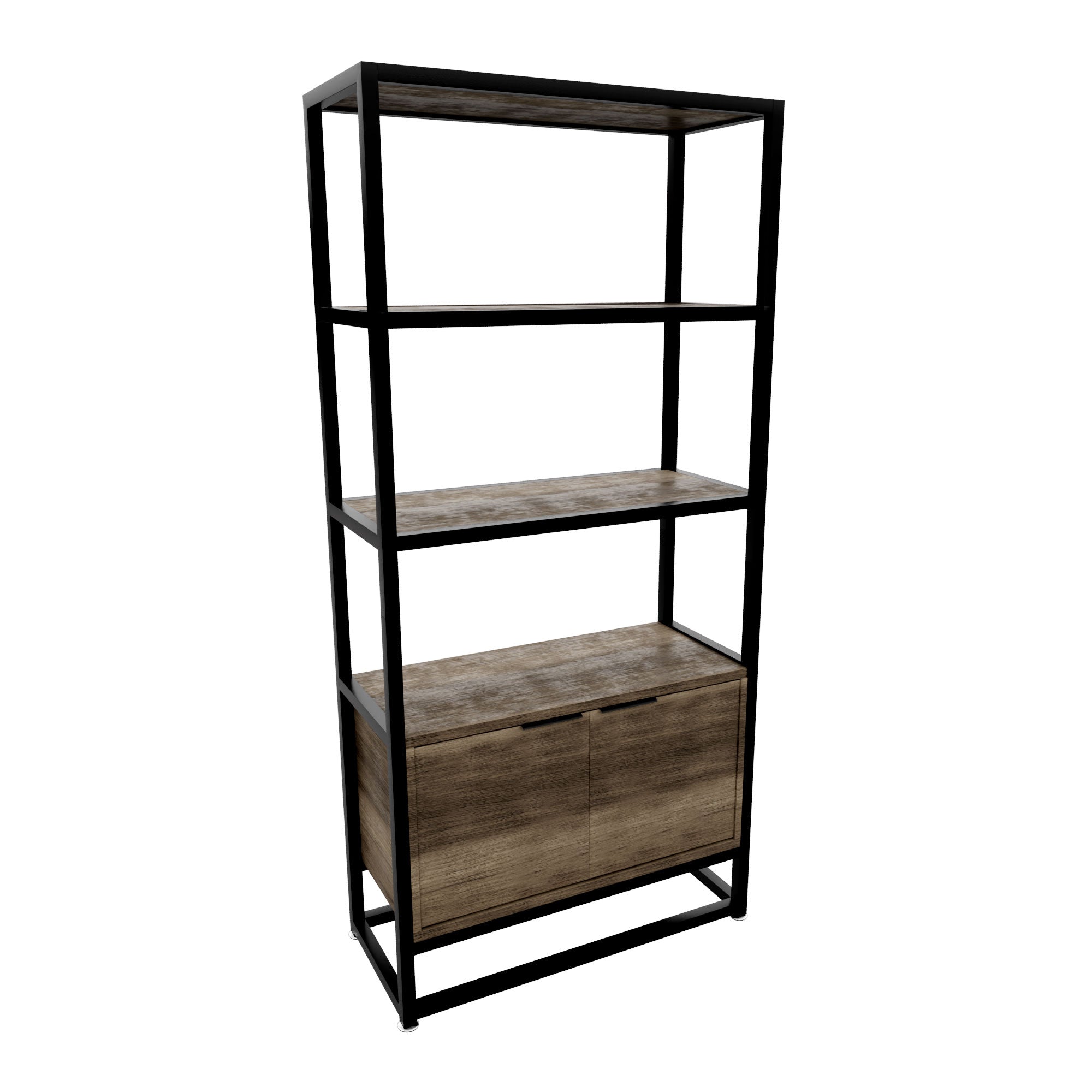 Edo - Scaffale Libreria a Muro 76x162,5x33,5 cm 3 Ripiani con Mobiletto 2 Ante in Legno Bleach Struttura in Metallo Nero
