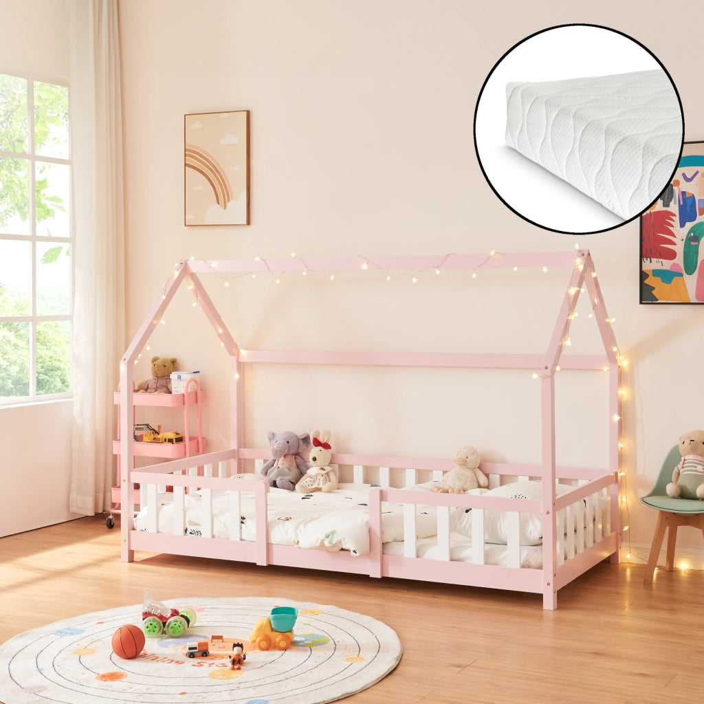 Letto per Cameretta Sisimiut a Forma di Casetta con Materasso 90x200 cm Rosa / Bianco [en.casa] [neu.haus]