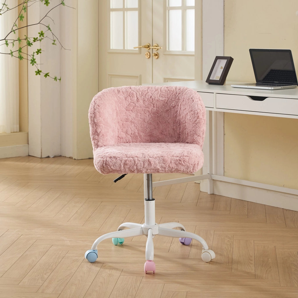 Sedia da ufficio girevole con altezza regolabile e ruote silenziose per scrivania e trucco in pelliccia sintetica rosa