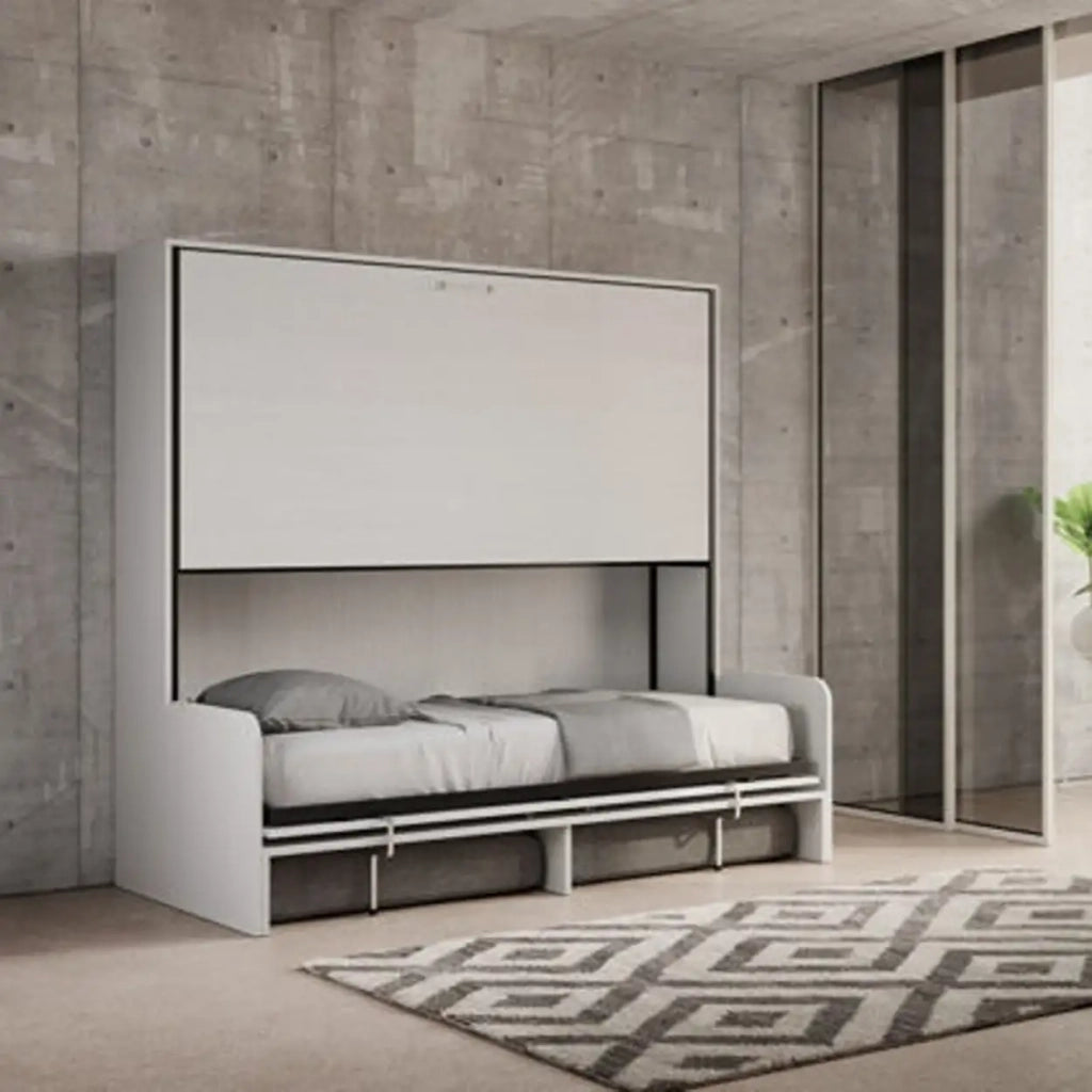 Letto doppio a scomparsa Kando con divano bianco frassino, grigio