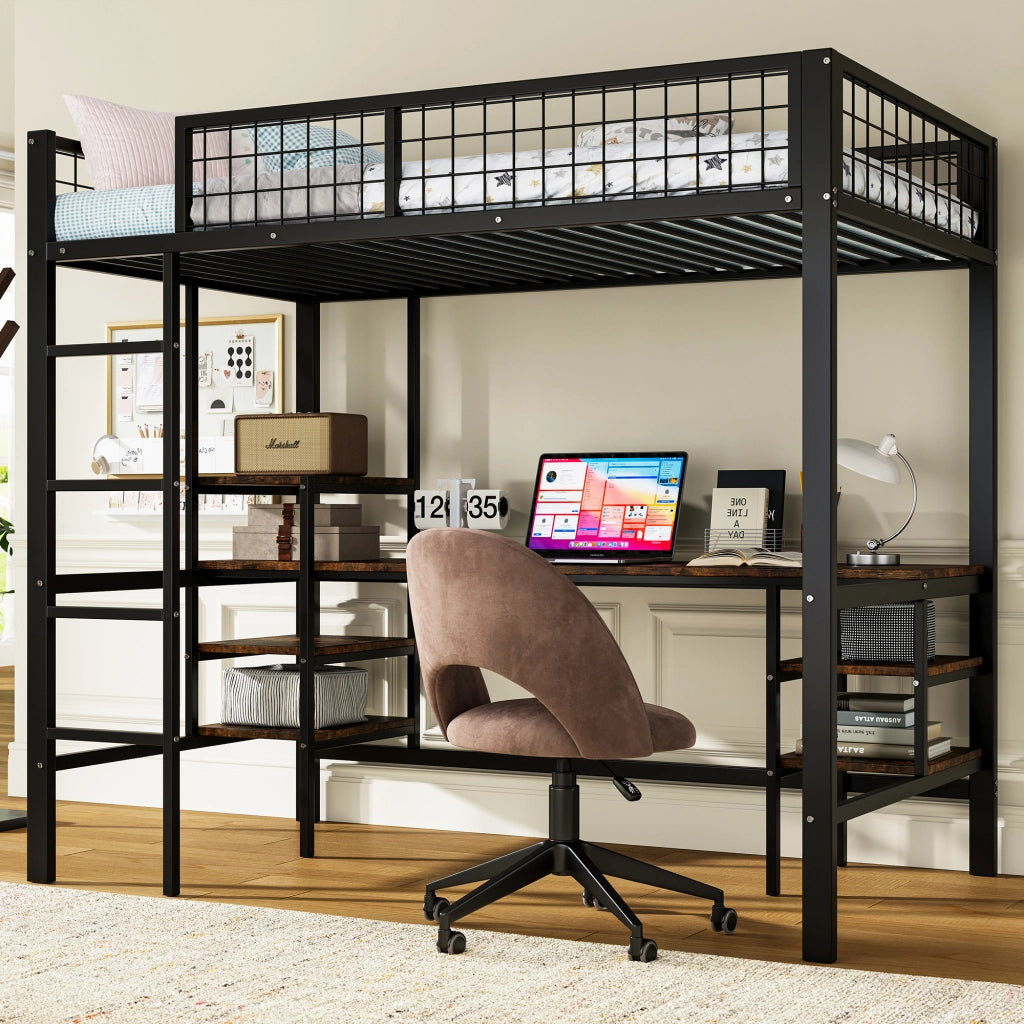 DESMIU Letto a Castello Singolo con Scrivania, Scaffali e Scala a 4 Gradini 90 × 200 cm, Senza Materasso, Nero