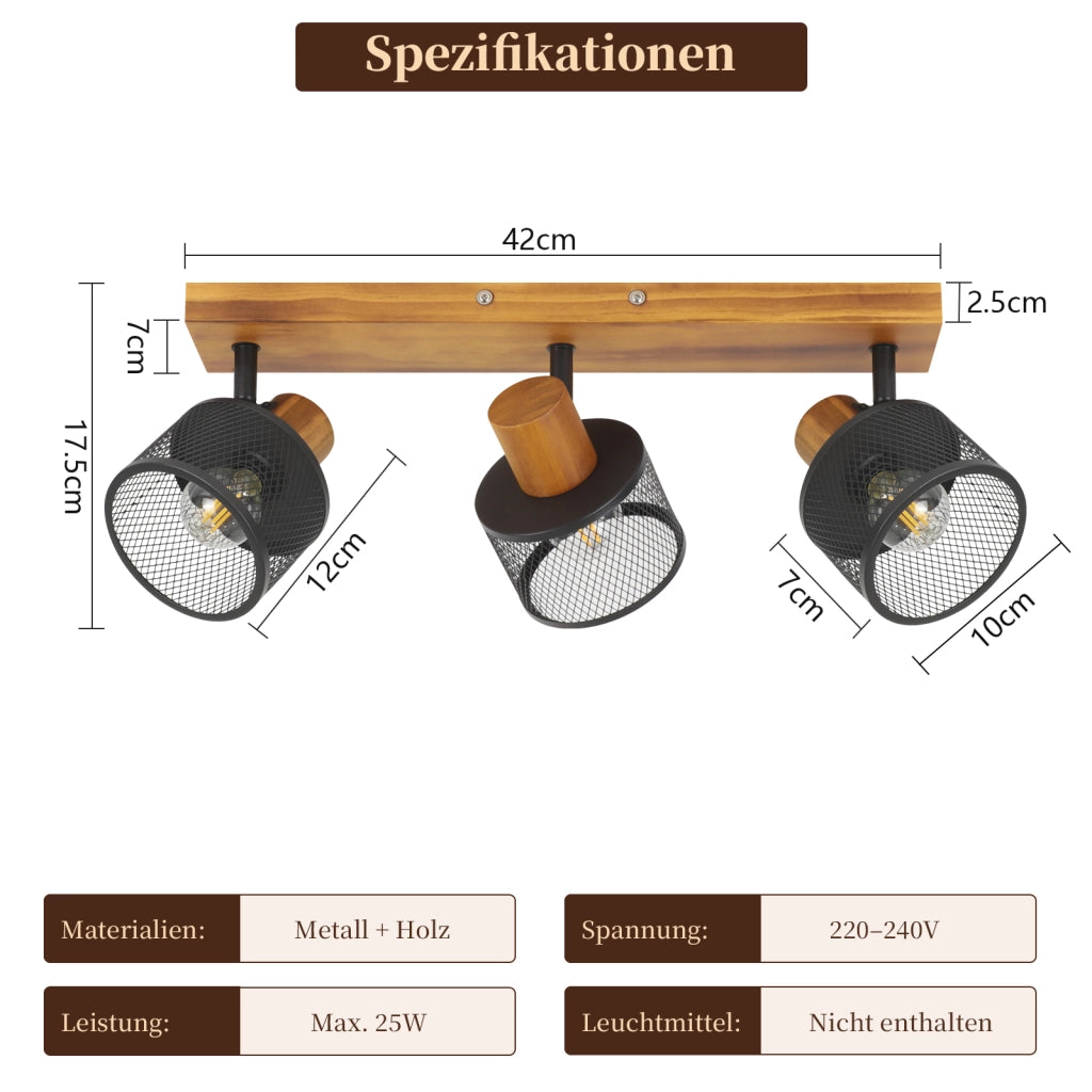 ZMH Faretto da soffitto nero 3 luci E14 stile industriale vintage in metallo ideale per soggiorno lampadine non incluse