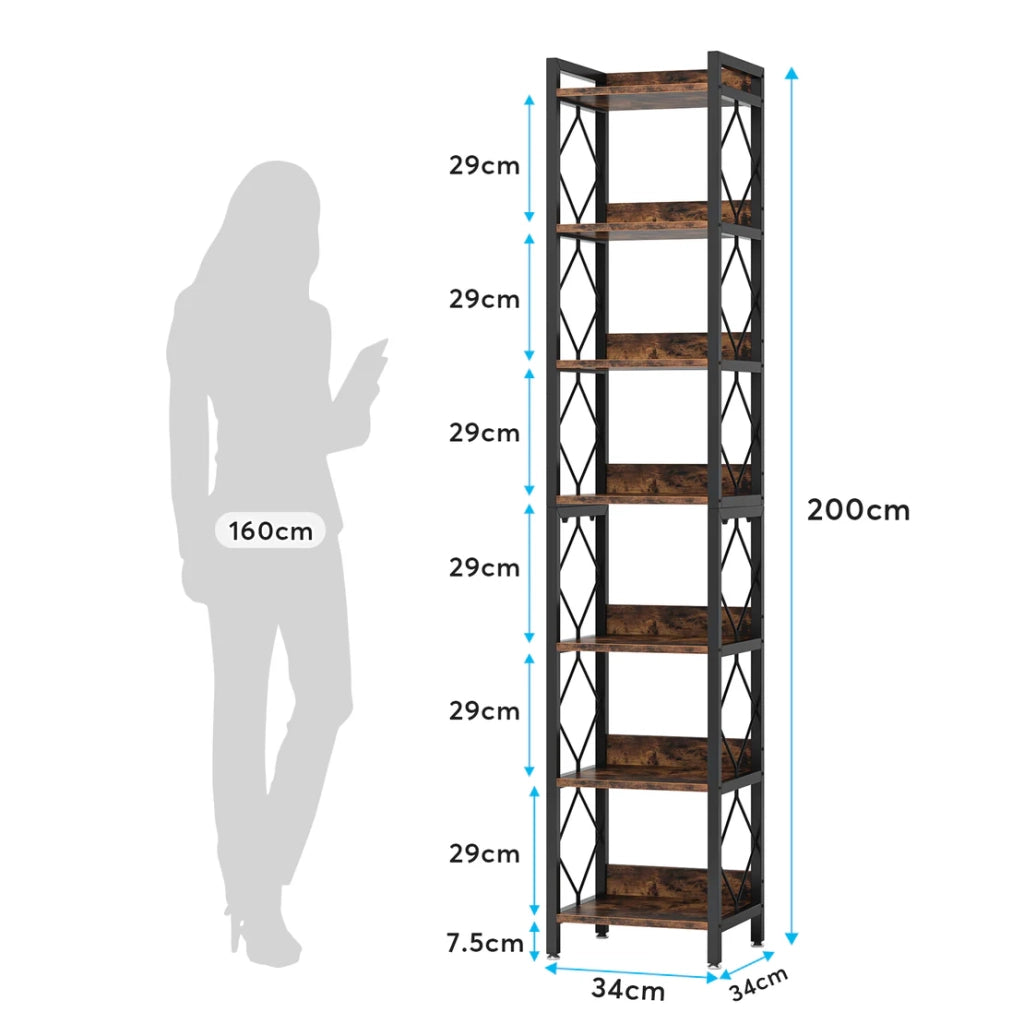 Libreria stretta autoportante a 7 ripiani, scaffale angolare salvaspazio in metallo e legno